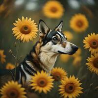 ai généré portrait de une magnifique chien sur une Contexte de tournesols. génératif ai photo