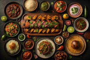 ai généré Indien aliments. assorti mexicain vaisselle servi sur en bois planche. génératif ai photo