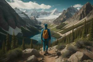 ai généré une randonnée dans le montagnes. homme avec sac à dos et trekking poteaux. génératif ai photo