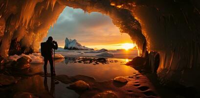 ai généré photographe prise image dans un la glace la grotte près le coucher du soleil photo