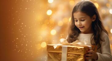 ai généré peu fille ouverture une or cadeau boîte suivant à Noël arbre photo