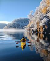 ai généré kayak sur loch ness lac, neigeux et glacé photo