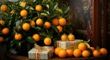 ai généré Frais des oranges et cadeaux sur une Noël arbre photo