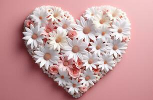 ai généré blanc cœur avec marguerites dans une fleur arrangement sur Contexte photo