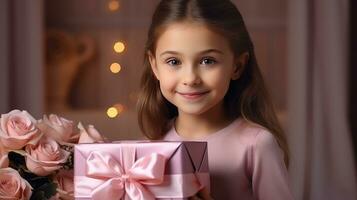 ai généré minuscule fille détient une rose cadeau boîte avec rose des roses photo