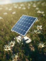 ai généré solaire panneau et deux vent turbines sur le sol photo