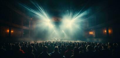 ai généré foule à concert allumé en haut lumière poutres photo