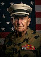 ai généré un plus âgée homme dans uniforme dans de face de un américain drapeau photo