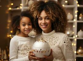 ai généré un afro américain mère et fille en portant en haut le Noël ornements photo