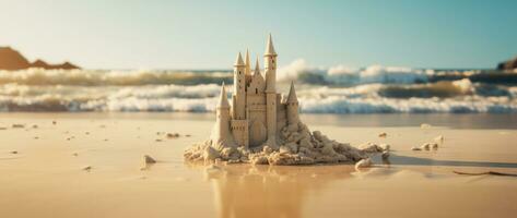 ai généré une petit Château permanent sur le le sable dans le plage photo
