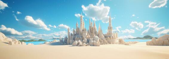ai généré une le sable Château sur une plage avec bleu ciel photo