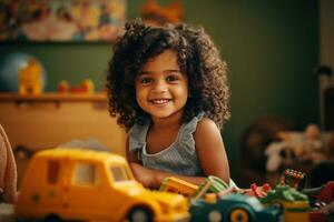 ai généré le le plus doux tout-petit, cette fille, est en jouant avec sa jouets et souriant photo