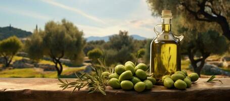 ai généré olive pétrole et Frais vert Olives sur le vert herbe photo