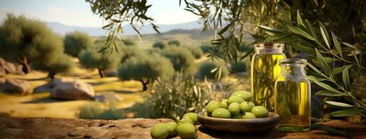 ai généré olive pétrole et Frais vert Olives sur le vert herbe photo