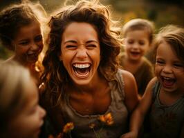 ai généré une réconfortant portrait de une multi générationnel famille avec une grand-mère mère et les enfants capturer une moment de rire et l'amour photo