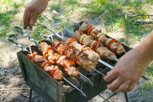 grillé pièces de Viande sur brochettes, shish kebab avec légumes, cuisine processus sur brasero photo