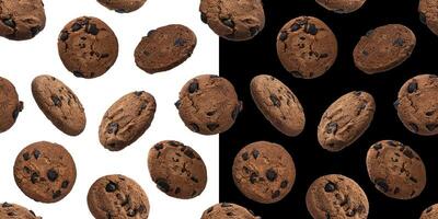 Chocolat flocons d'avoine puce biscuits sans couture modèle, isolé sur blanc et noir Contexte photo