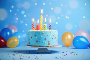 ai généré anniversaire gâteau avec bougies, des ballons et confettis sur bleu arrière-plan, une anniversaire gâteau avec coloré des ballons et confettis est présenté sur une bleu arrière-plan, ai généré photo