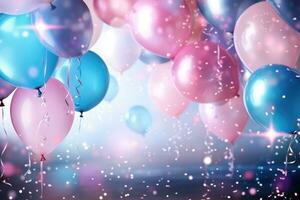 ai généré coloré des ballons Contexte avec bokeh effet. 3d le rendu, fête Contexte avec rose et bleu des ballons, confettis, scintille, lumières, ai généré photo