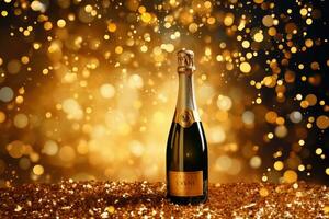 ai généré Champagne bouteille et verre sur abstrait Contexte avec bokeh effet, Contexte de une fête avec une d'or Champagne bouteille, ai généré photo