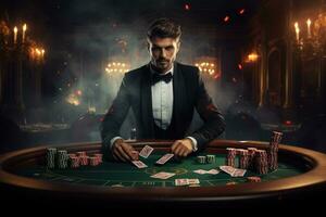 ai généré Beau Jeune homme en jouant poker à le casino. casino concept, casino, joueur est distribué une vingt un à black-jack, ai généré photo