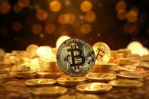 ai généré bitcoin crypto-monnaie pièce de monnaie sur d'or Contexte. crypto-monnaie concept. 3d le rendu, bitcoins argent virtuel devise avec d'or arrière-plan, ai généré photo