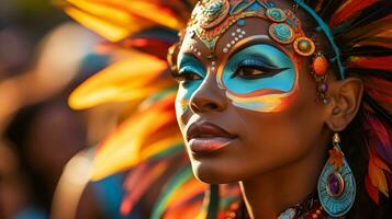 ai généré coloré carnaval parade scène avec Danseur dans complexe costume et masque espace pour texte inclus photo