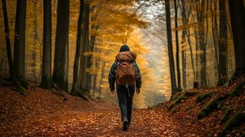 ai généré randonneurs profiter une croustillant l'automne journée parmi vibrant tomber feuillage dans le forêt, habillé dans confortable tenue, ensemble contre une pente Contexte photo