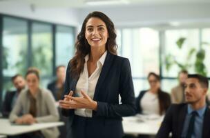 ai généré femme d'affaires donnant une présentation dans conférence pièce photo