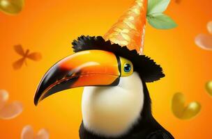 ai généré une toucan est portant une fête chapeau dans un Orange Contexte photo