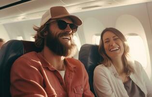 ai généré une homme et femme souriant sur une avion photo