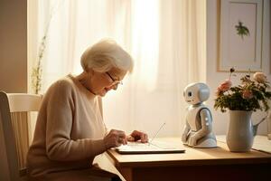 ai généré une femelle personnes âgées Dame en jouant avec une intelligent robot photo