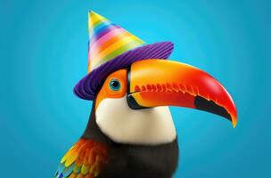 ai généré une vivement coloré toucan portant une anniversaire chapeau photo