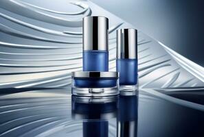 ai généré un exclusif trio de bleu cosmétique des produits, contenant une bleu crème photo