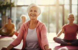 ai généré un vieux Dame yoga classe photo