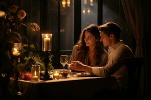 ai généré content Jeune couple dans bougie nuit dîner ayant romantique dîner à maison, femme fabrication présent surprise sur bougie lumière Date ai généré photo