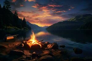 ai généré Lac côté feu de camp avec bois brûlant dans une scénique réglage pendant le le coucher du soleil. dans d'or lumière ai produire photo