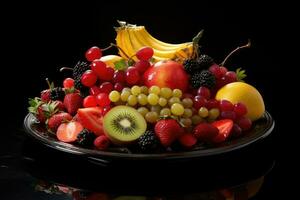 ai généré des fruits sur plaque, des fruits décoration prêt à manger, Frais fruit variété sur plateau en bonne santé en mangeant régime nourriture ai généré photo