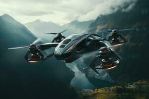 ai généré futuriste drone en volant plus de le montagne, drone quadcopter avec numérique caméra ai généré photo