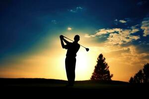 ai généré silhouette de golfeur balançant club à le coucher du soleil sur cours. photo