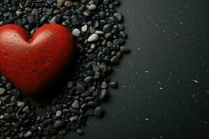 ai généré rouge cœur contraste contre noir cailloux, la Saint-Valentin thème. photo