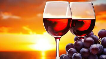ai généré romantique du vin pain grillé à le coucher du soleil avec vignoble les raisins. photo