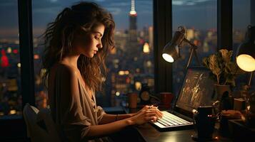 ai généré femme carriériste Bureau ouvrier professionnel travaux à une ordinateur portable dans le Bureau persistant après travail à nuit contre le toile de fond de une gros ville photo