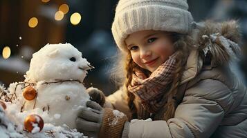 ai généré peu enfant fille sculpture une bonhomme de neige content en jouant et ayant amusement à l'extérieur dans hiver pour Noël et Nouveau année photo