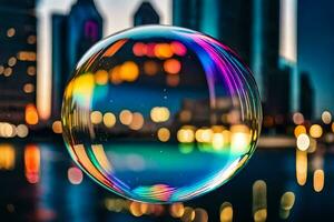 ai généré une coloré bulle flottant dans de face de une ville horizon photo