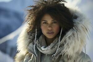 ai généré une noir femme dans une doux blanc Vêtements permanent sur neige. génératif ai photo