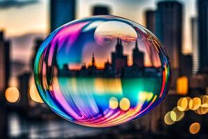 ai généré une coloré bulle avec une ville dans le Contexte photo