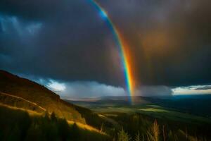 ai généré une arc en ciel est vu plus de une Montagne intervalle avec une foncé ciel photo