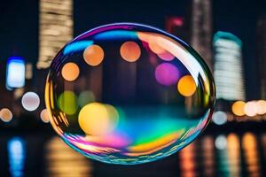 ai généré une coloré bulle flottant dans de face de une ville horizon photo