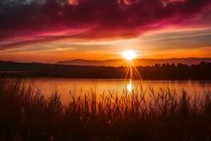 ai généré le Soleil ensembles plus de une Lac et herbeux champ photo